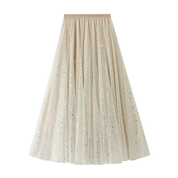 Skirts for Women LEBONYARD High-waisted Skirt with Pockets,Women's Star Gauze Skirt Sequin Puffy Skirt Prom Skirt Beige Free Size