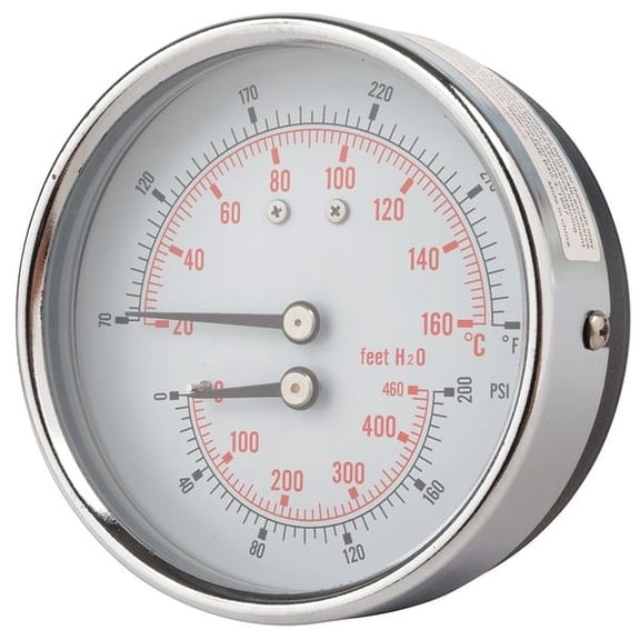 Round Boiler Gauge, 0 to 200 psi, 1/2 in MNPT, Steel, Silver