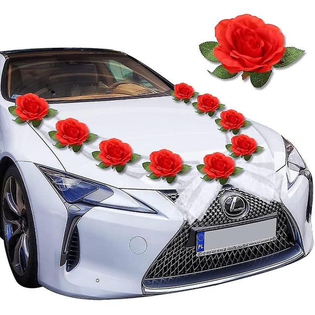Decoración de coche para boda, decoración de coche, decoración de organza, decoración de rosas para pareja de novios, guirnalda de boda, decoración de coche para boda, romántico día de San Valentín