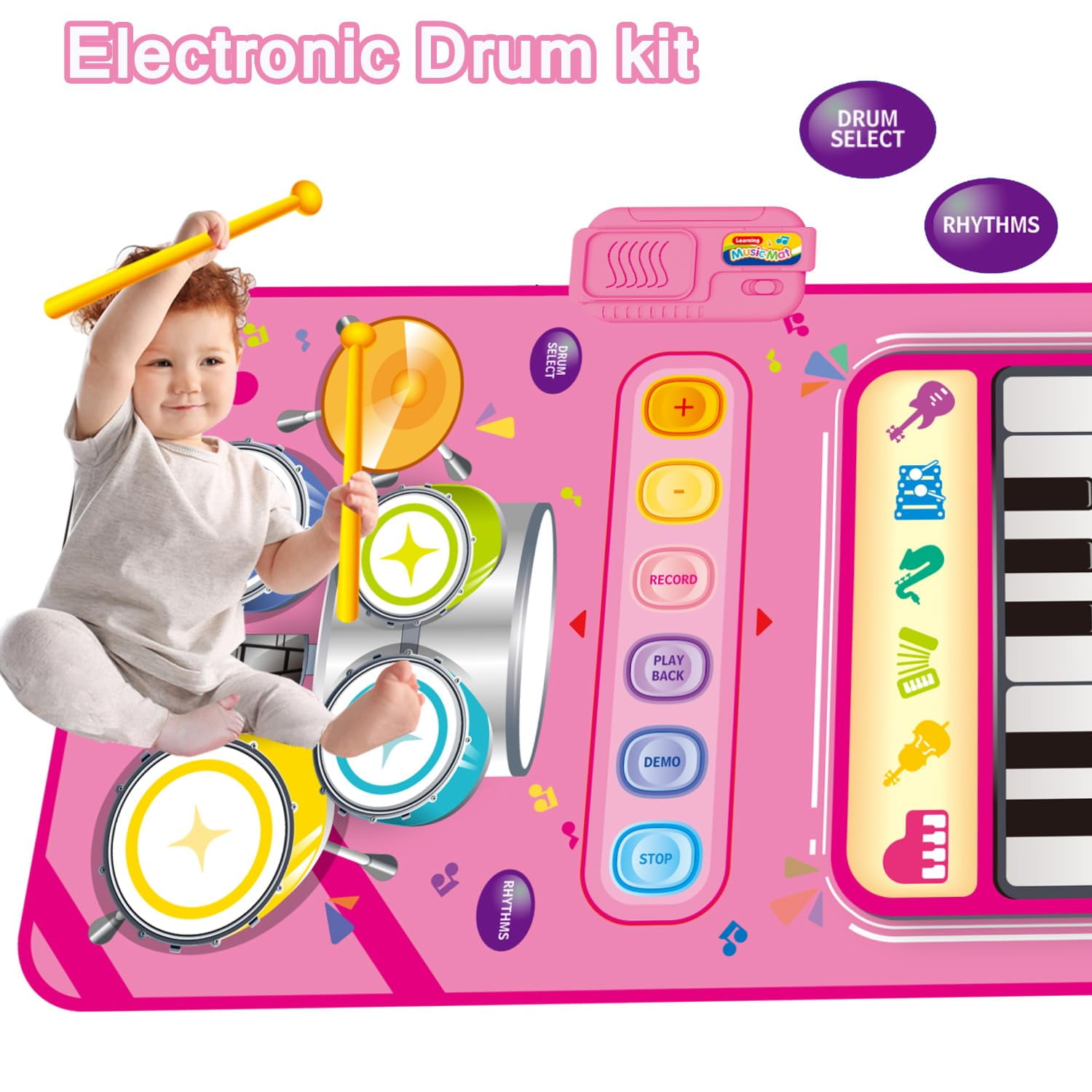 2 in 1 Musical Mat Toys Piano Keyboard & Drum Set with 2 Drum Sticks Baby Music Toy 12-18 Months Christmas Birthday Gifts