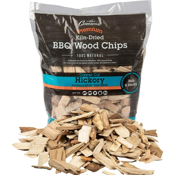 Camerons All Natural Hickory Wood Chips for Smoker -260 Cu. In. Bag, ~2 Pounds- Kiln Dried Coarse Cut BBQ Grill Wood Chips for Smoking Meats - Barbecue Smoker Accessories- Grilling Gifts for Men