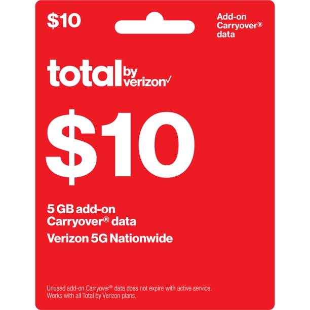 Total by Verizon 10 AddOn Carryover Data Card (5GB) Direct Top Up
