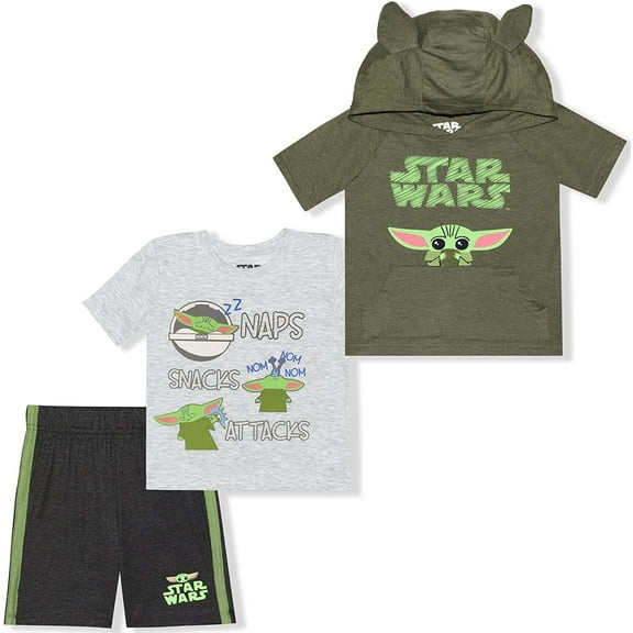 Lucasfilm The Child 3 Pack Baby Yoda Shorts Set with Graphic Tees for Boys, Hooded Shirt and Shorts