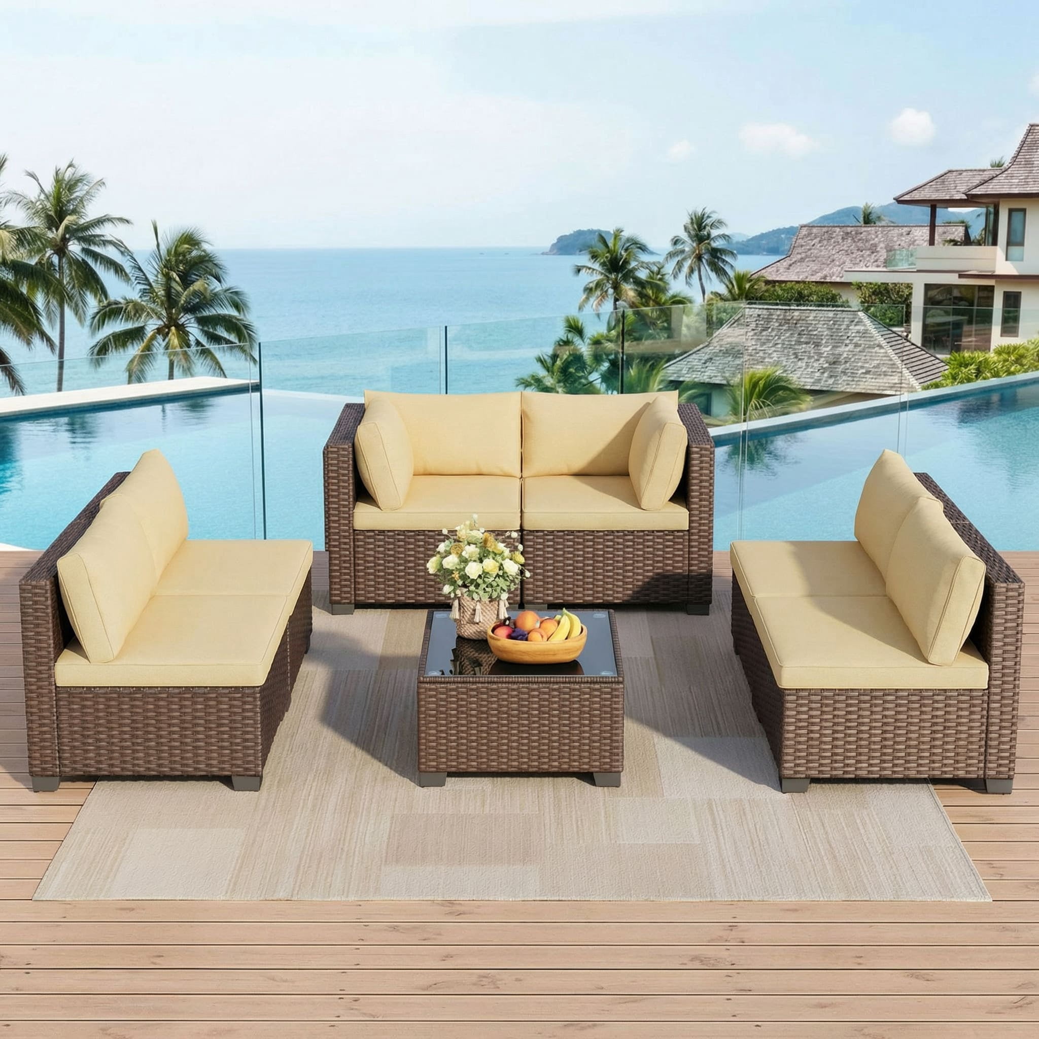7-Piece Beige Outdoor Wicker Sectional Furniture Kit – PE Rattan Patio Set with Cushioned Seats & Glass Coffee Table, Perfect for Porch, Garden and Balcony