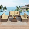 thumbnail image 3 of 7-Piece Beige Outdoor Wicker Sectional Furniture Kit – PE Rattan Patio Set with Cushioned Seats & Glass Coffee Table, Perfect for Porch, Garden and Balcony, 3 of 6