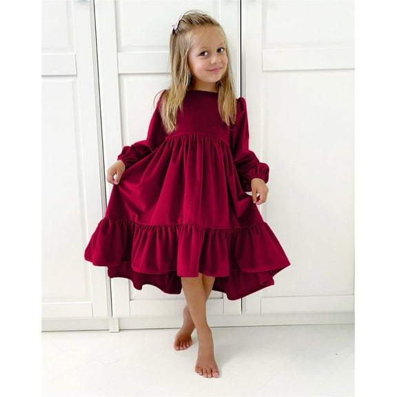 B91xZ Winter Dress for Girls Dress Autumn Long Sleeve Solid Irregular Princess Dress Ruffle Casual Party (Red, 11-12 Years)