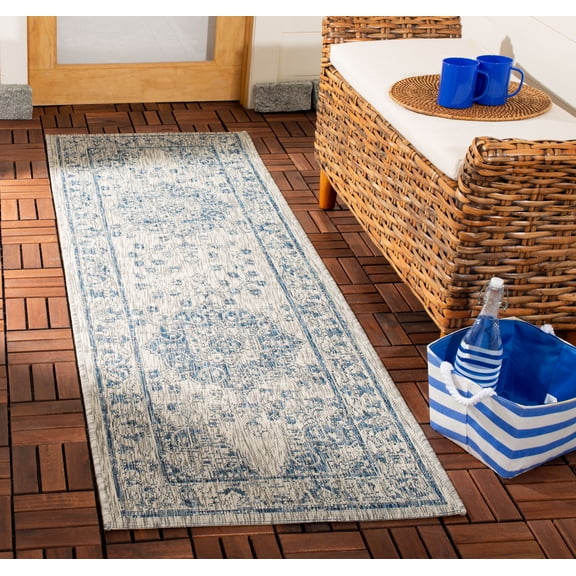 SAFAVIEH Courtyard Desi Medallion Indoor/Outdoor Runner Rug, Grey/Navy, 2'3" x 6'7"