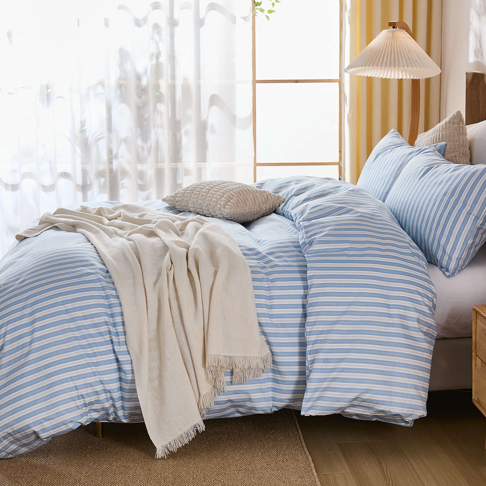 Brown Striped Duvet Cover Set Queen Size, 100% Natural Cotton Linen Like Duvet Cover Set with Zipper Closure & 8 Corner Ties, Brown Khaki Soft Reversible Bedding for All Seasons