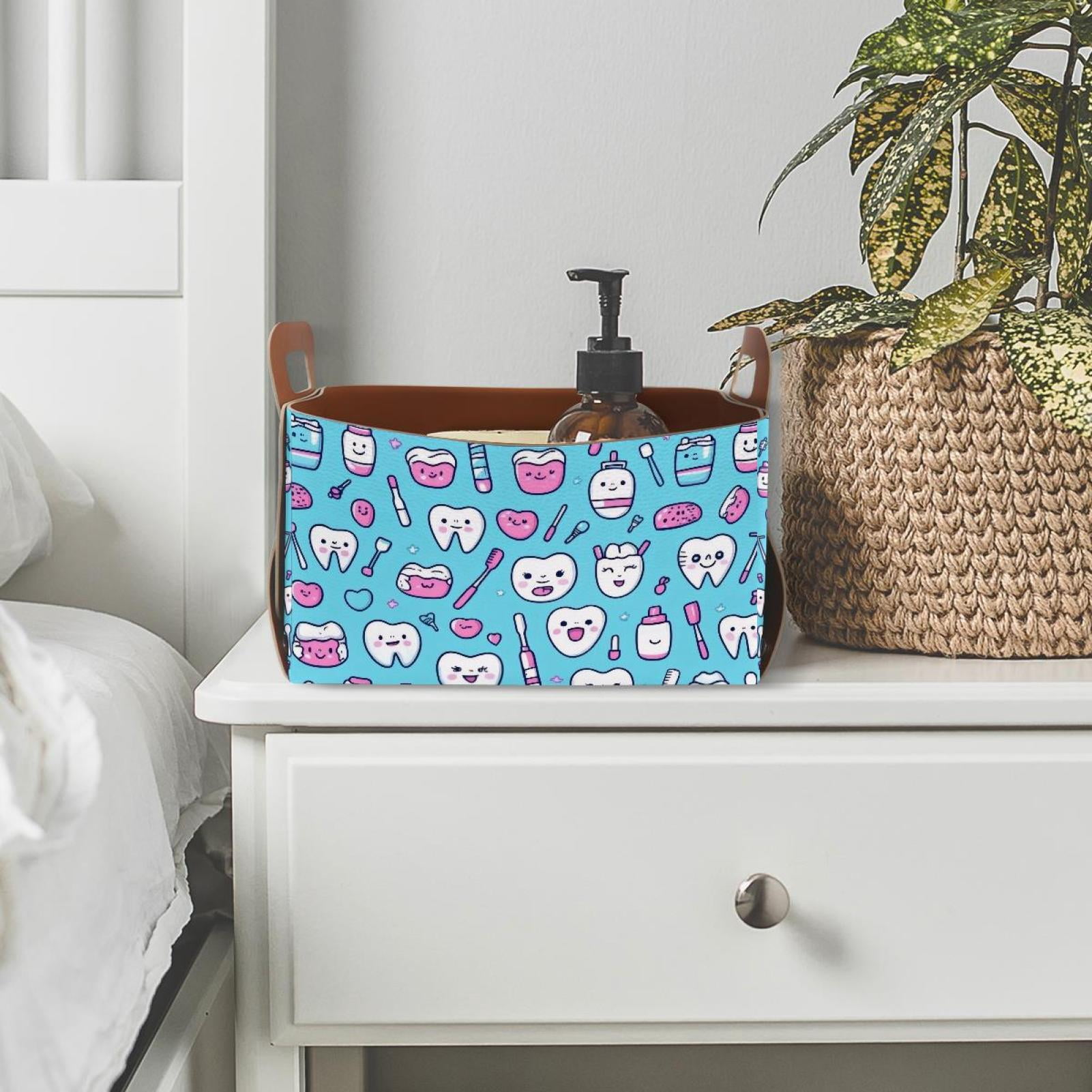 Cartoon Toothbrush Teeth Storage Basket Collapsible Storage Bin, PU Foldable Basket Convenient Box Storage Organizer with Handles for Shelves Office Bedroom Closet Nursery Toys Laundry