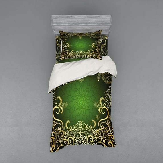 Ambesonne Mandala Bedding Set 3 Pcs, Frame Lotus, Twin XL, Green Black Pale Yellow