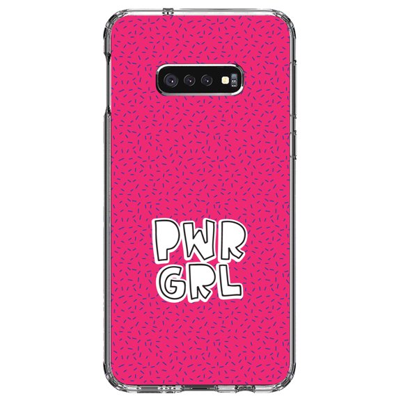 DistinctInk Clear Shockproof Hybrid Case for Samsung Galaxy S10e (5.8" Screen) - TPU Bumper, Acrylic Back, Tempered Glass Screen Protector - Girl Power - PWR GRL - Pink Background