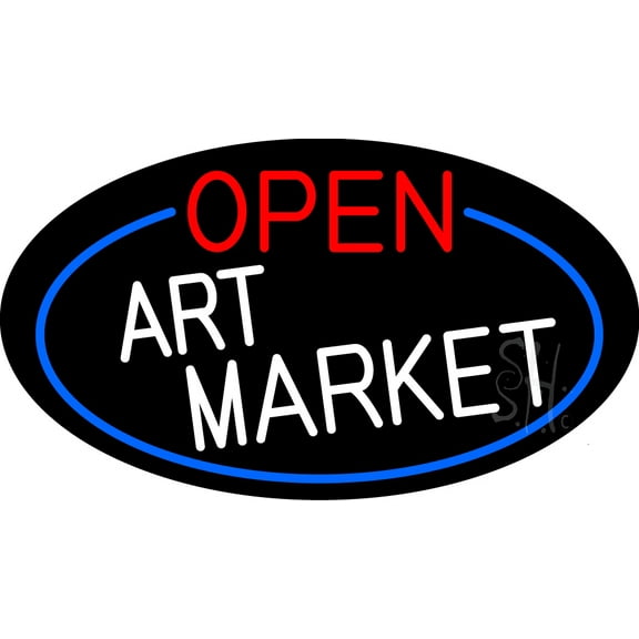 Open Art Market Oval With Blue Border LED Neon Sign 20 x 37 - inches, Clear Edge Cut Acrylic Backing, with Dimmer - Bright and Premium built indoor LED Neon Sign for art gallery, and exhibition.