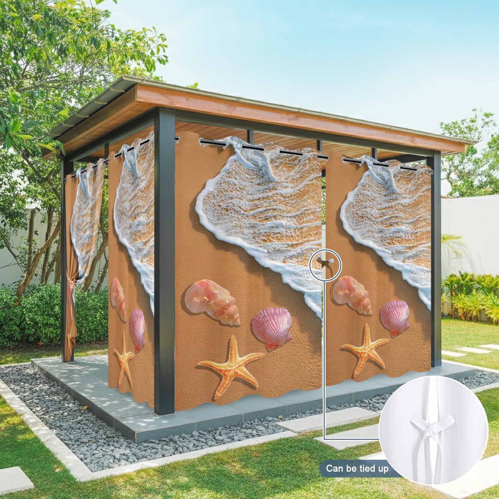 Summer Beach Outdoor Curtains for Patio, Ocean Waves Conch Starfish Shell Coastal Sunshade Privacy Drapes Grommet Waterproof Outside Curtains for Porch/Cabana/Balcony 54"x 108", 1 Panel