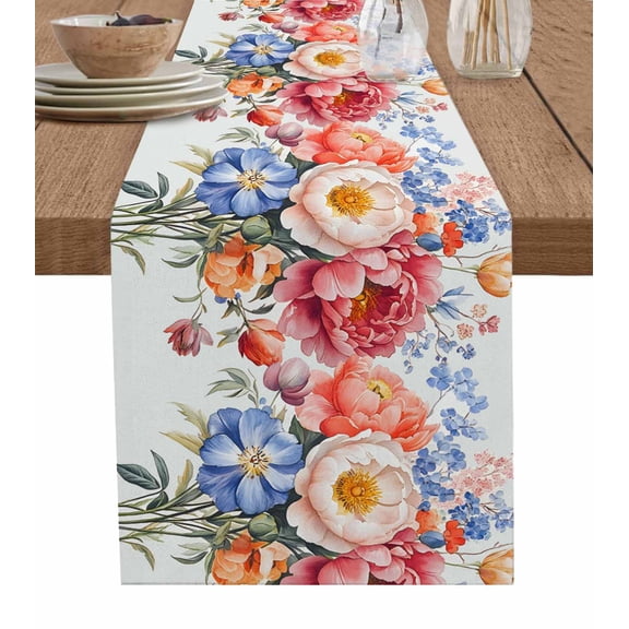 Colorful Flowers Table Runner 48 Inches, Rustic Watercolor Botanical Floral Bed Runner Dresser Scarves Tabletop for Indoor Outdoor Parties/Ceremony/Banquet, 13" x 48"
