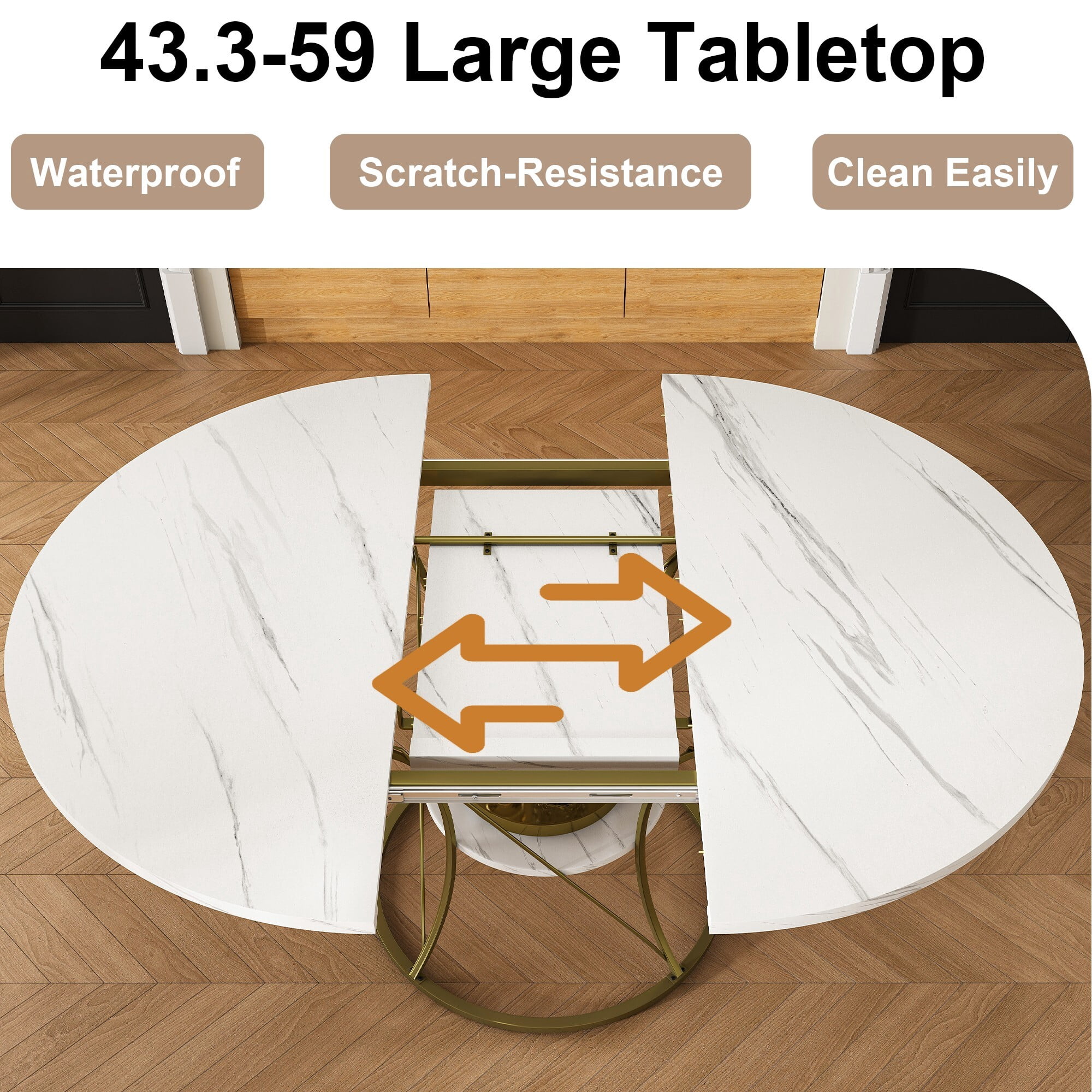 AENKYO 43"-59" Expandable Round Dining Table with Storage, White Marble Top & Gold Hourglass Metal Base, Seats 4-6