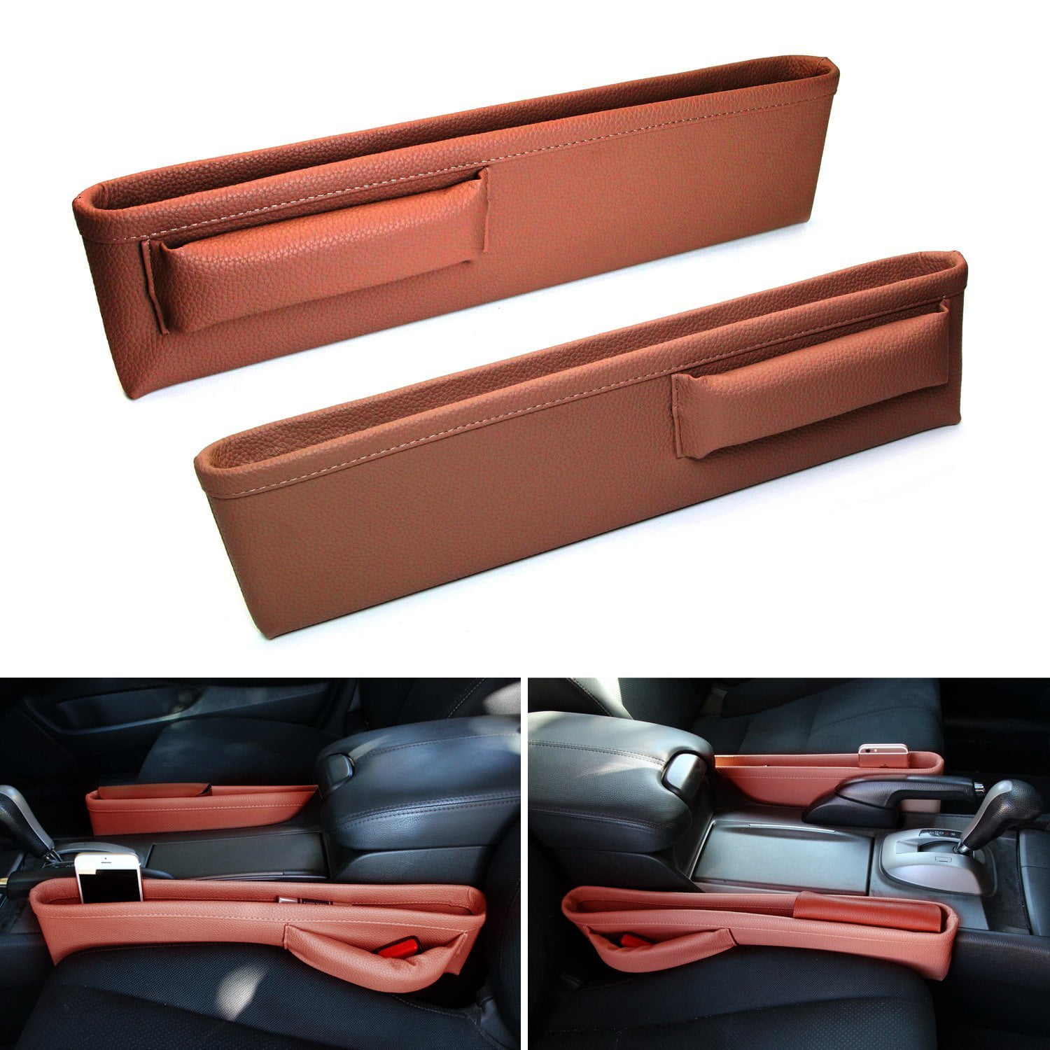 iJDMTOY Extra Long Beige Color Leather Car Side Pocket Organizers Wallet Phone Seat Catcher Holders For Key 2 Sunglasses etc iJDMTOY Auto Accessories