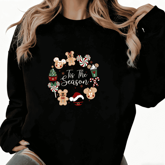 Cute Candy Graphic Tee T-Shirt Top Tis The Season Mickey Christmas Print Casual Round-neck long-sleeved Black S-3XL