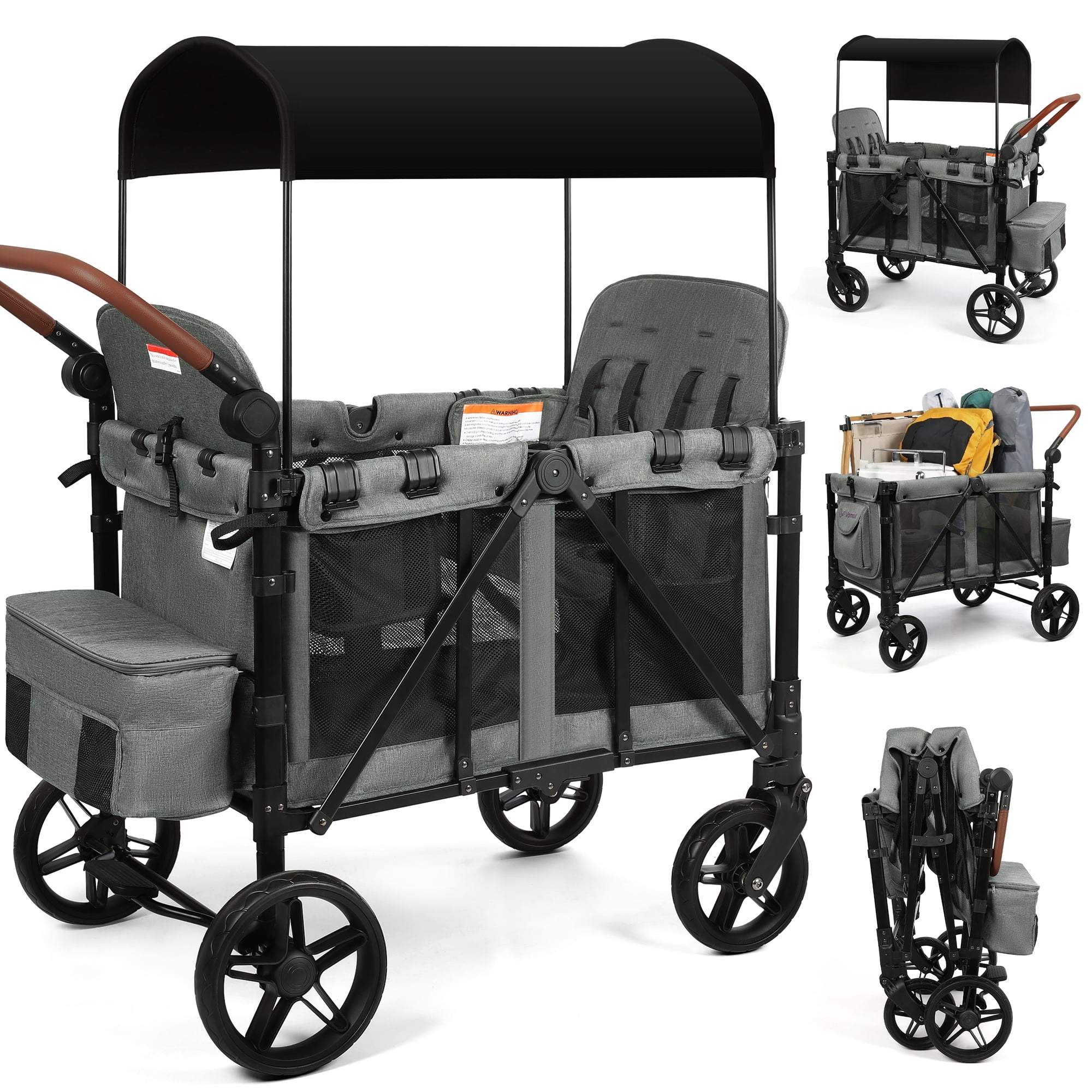 Vomeast Wagon Stroller for 4 Kids, 3-in-1 Outdoor Baby Stroller Wagon with Canopy, 5-Point Harness, Adjustable Handlebars, Removable Seat for Toddlers, Grey