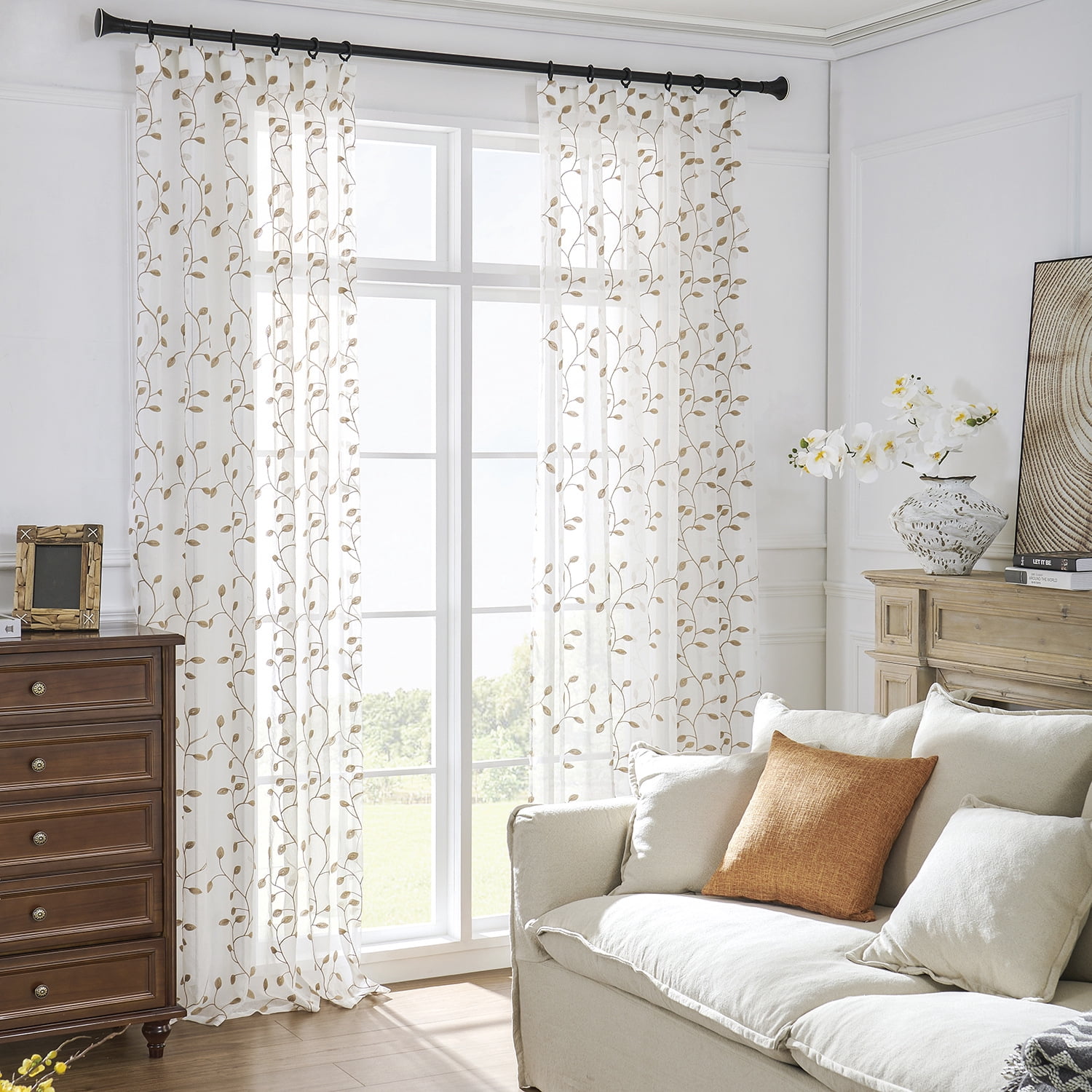 Sunyuer Leaves Short Sheer Curtains Taupe Leaf Embroidery Curtain Rod Pocket Voile Faux Linen Embroidered Leaves Curtains for Bedroom Living Room, 52W X 84L inch, Set of 2 Panels, Taupe