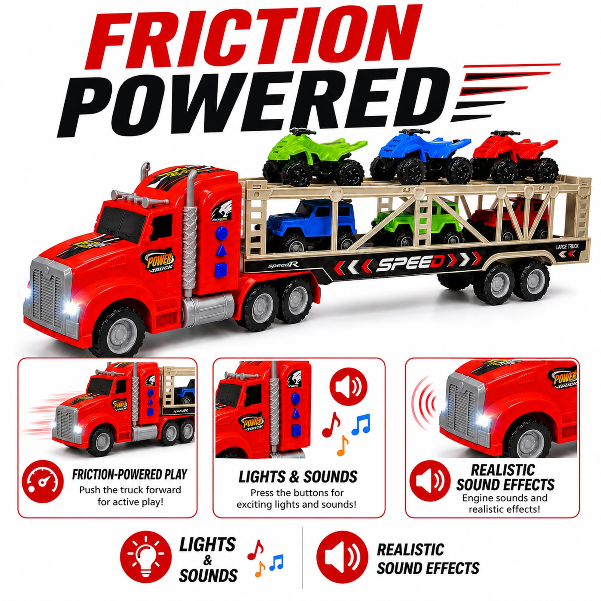 23-Inch Friction-Powered Car Carrier Truck Toy with 6 Mini Vehicles, Lights and Sounds, Detachable Trailer and Opening Rear Door