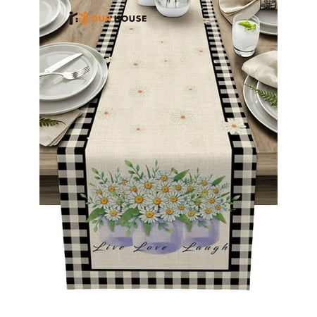 

Flower Daisy Checkered Pattern Luxury Wedding Decorations Home Party Tablecloth Cafe Table Decor Table Runners for Home Kitchen