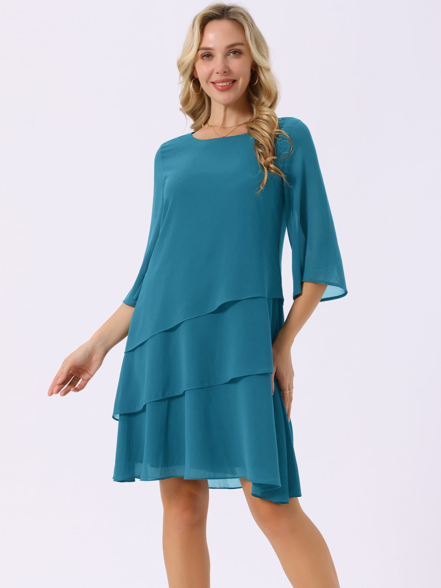 DARING DIVA Chiffon 3/4 Sleeve Tiered Layered Flowy Dress L Peacock Green