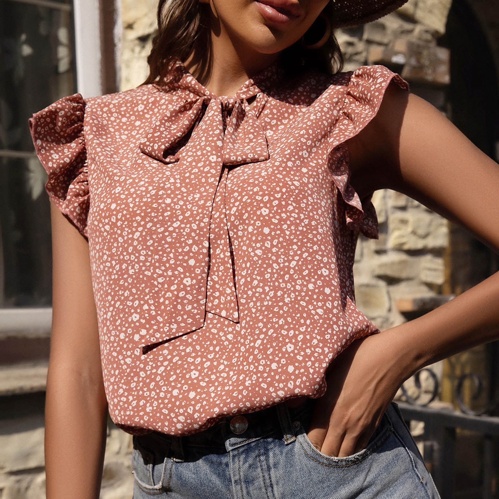 Women's Polka Dot Ruffled Bow Tie Blouse