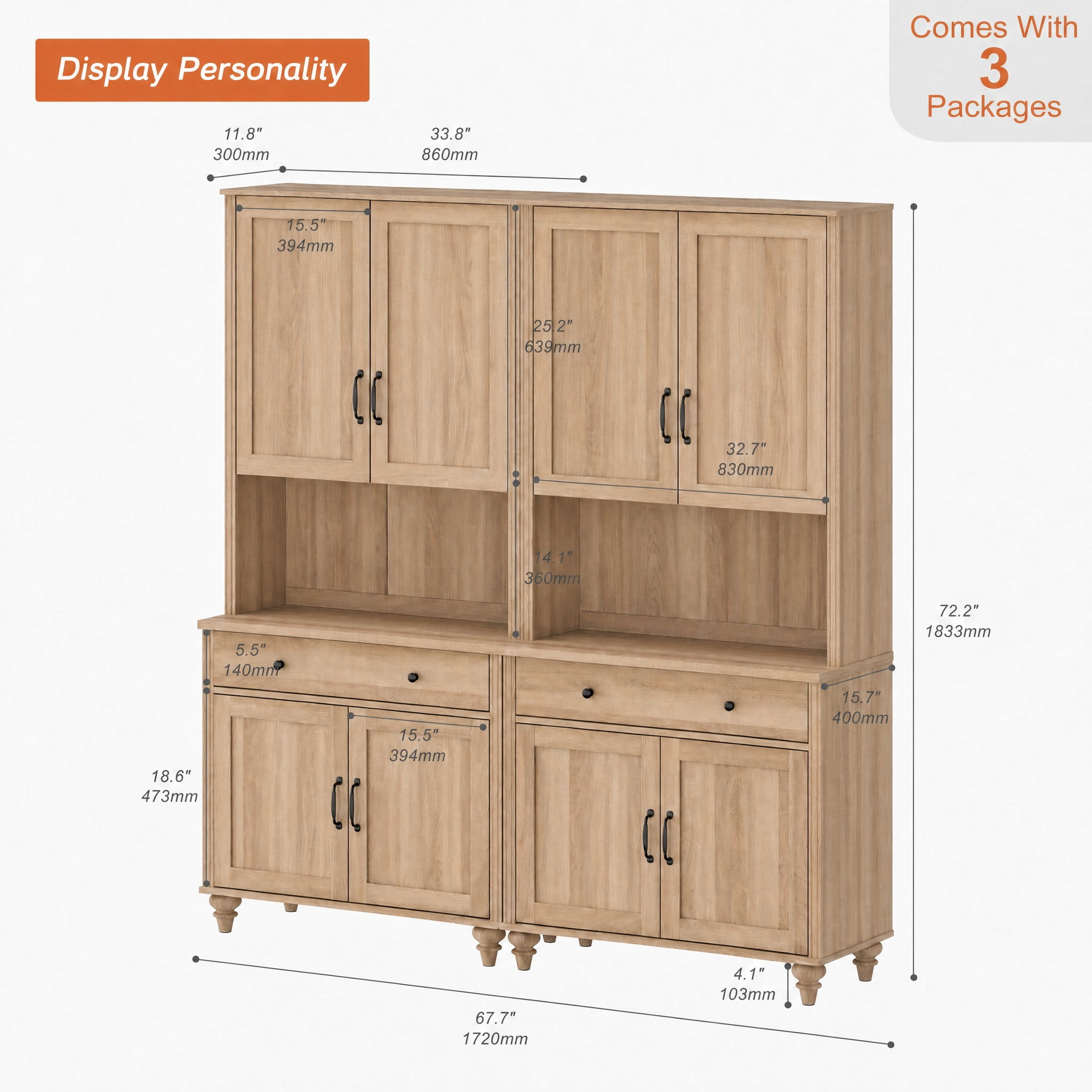72"H × 68"W Large Farmhouse Wooden Library Bookcase with Ample Storage Cabinet, Freestanding Bookshelf for Living Room, Office & Study Room, Oak