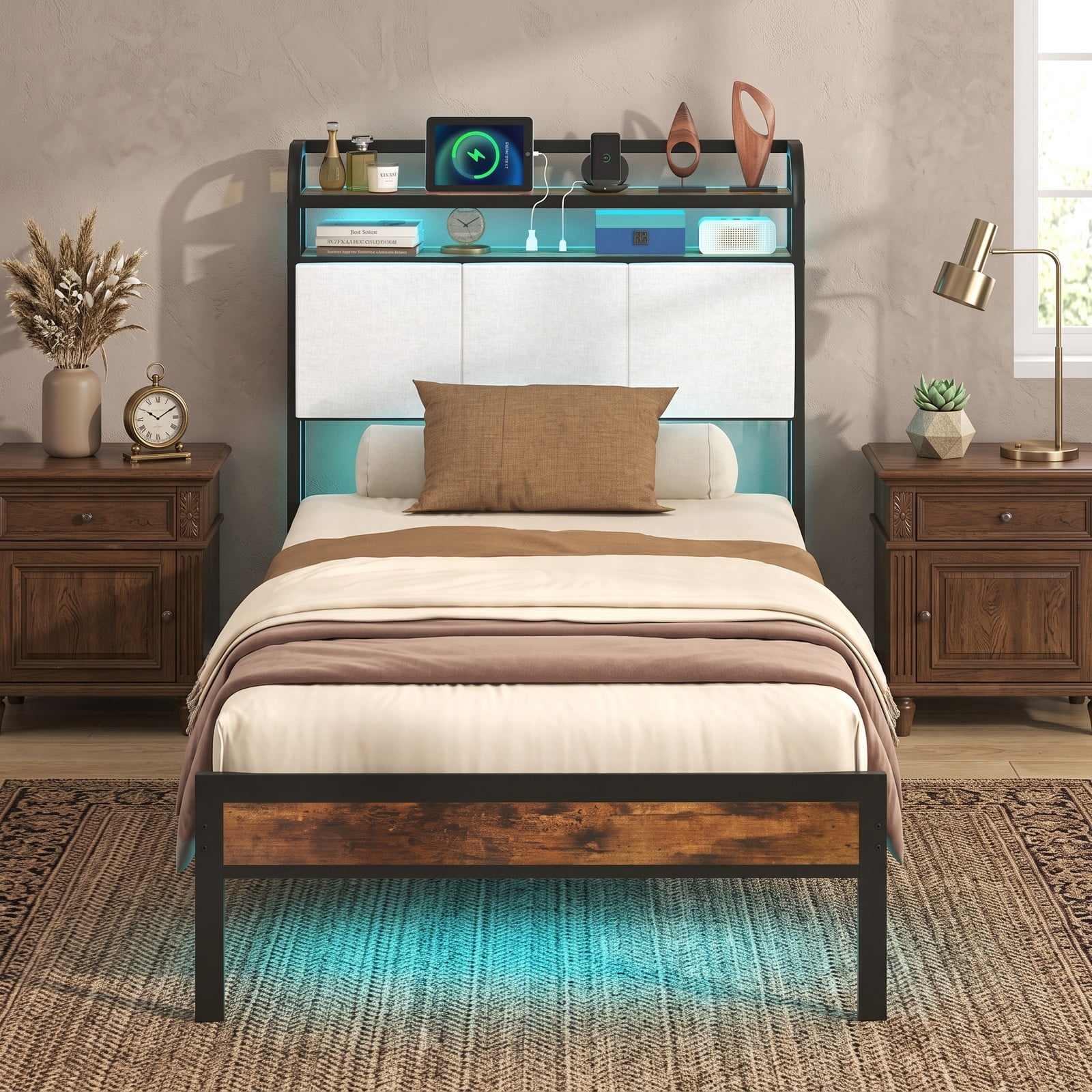 Furnibear Queen Bed Frame with Storage Headboard, Queen Platform Bed Frame with LED Lights and Charging Station, Rustic Brown and Gray