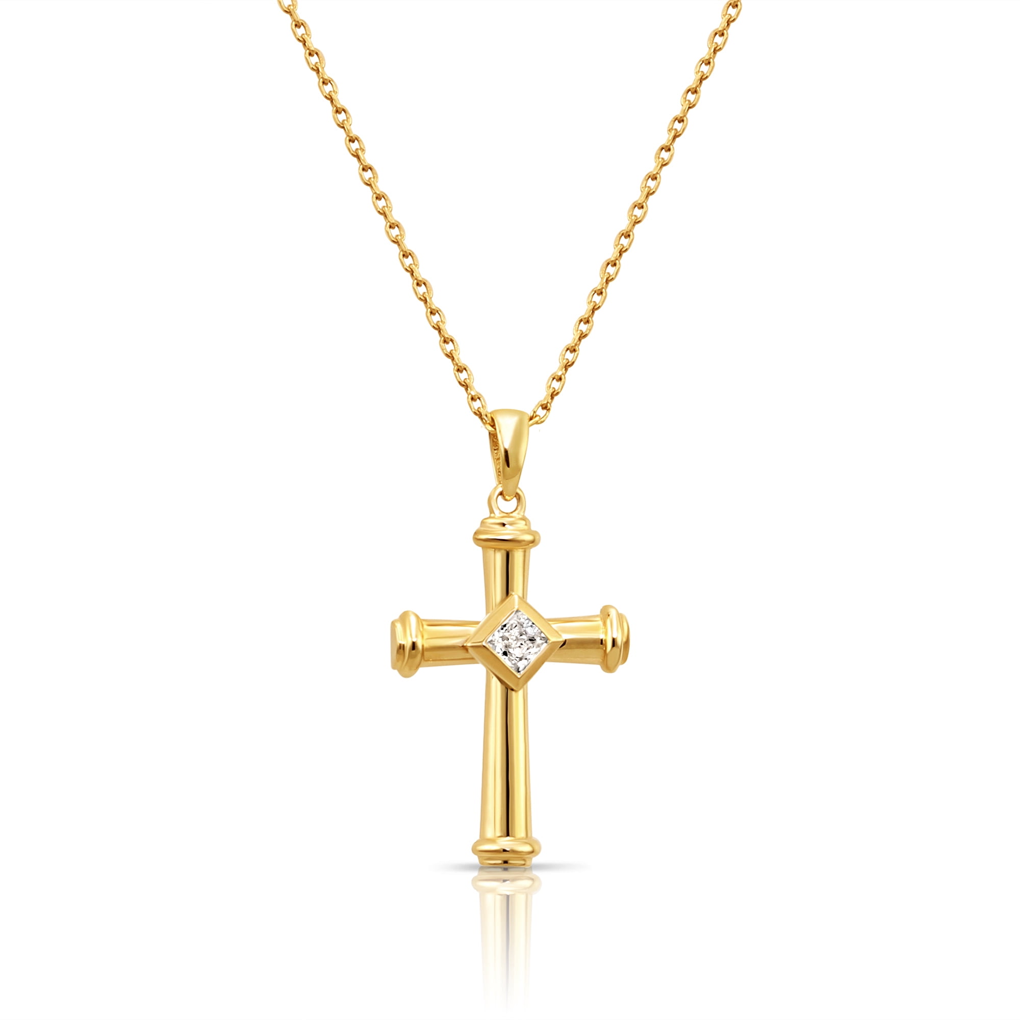 Tilo Jewelry 14K Yellow Gold Dainty Cross Christian Pendant Necklace with Cubic Zirconia CZ Stones for Women & Unisex | 18 Inch Cable Chain