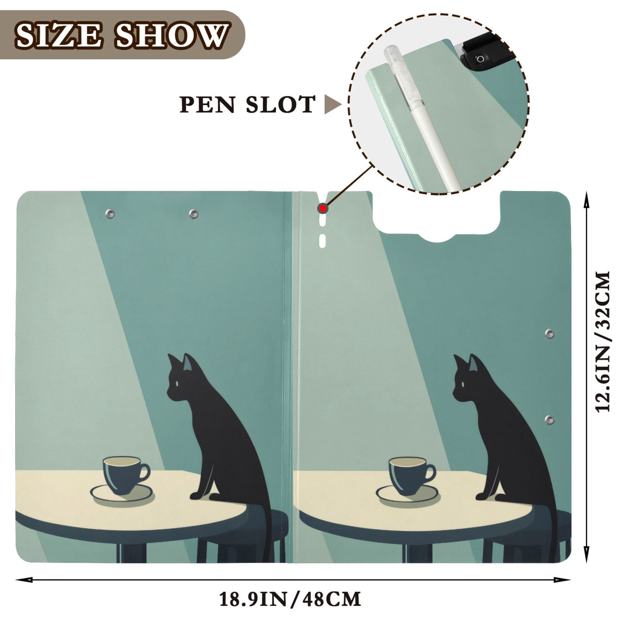 FORMRS A4 Clipboard Folder with Pen Holder Horizontal Foldable School Office Binder, Black Cat