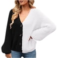 thumbnail image 2 of VSSSJ Women's Long Sleeve Trendy Color Block Soft Plush Knitted Sweater Coats Button Down Casual Open Front Loose Cardigan Outwear Black M, 2 of 7
