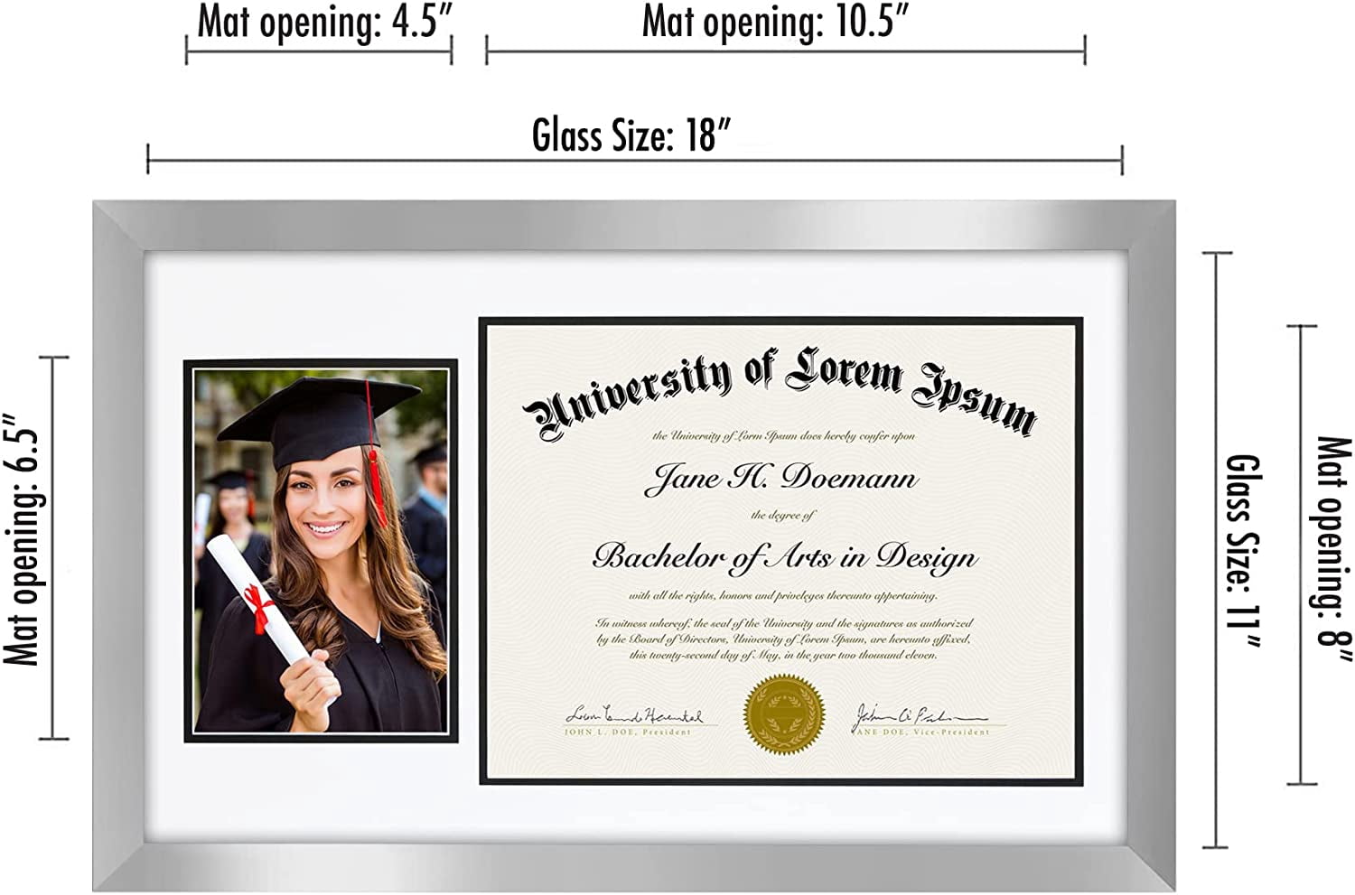 Americanflat 11x18 Graduation Frame in Silver Colored Wood with Two Opening Mat Displays - 5x7 Photo Frame and 8.5x11 Diploma Frame - Composite Wood and Polished Glass - Includes Hanging Hardware