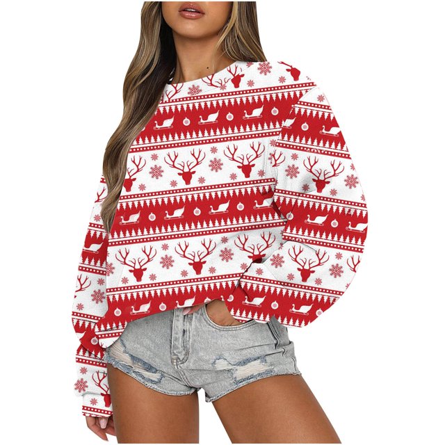 Mirages Haut de Noël pour Femmes, Mode Décontractée Manches Longues Col Rond Imprimé Chandail en Molleton pour Dames, Hauts Blouse