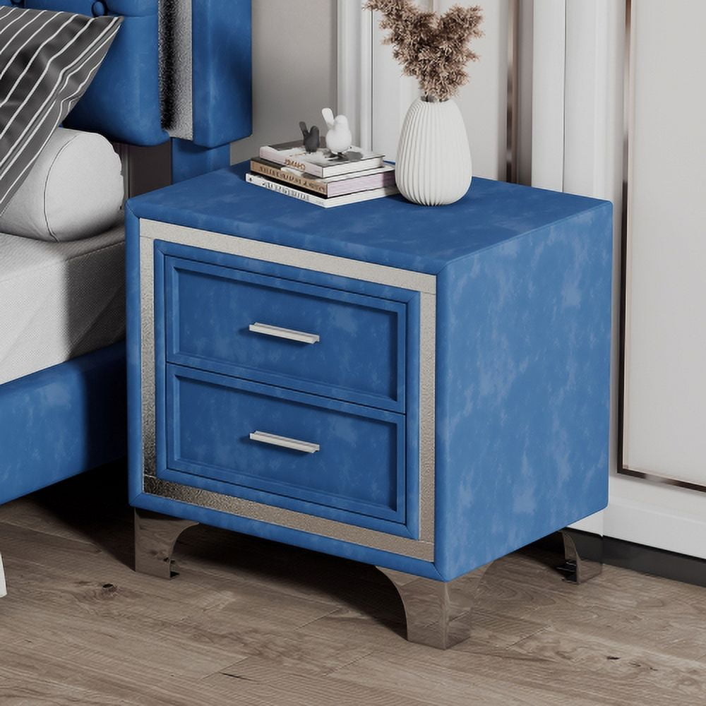 Nightstand with 2-Drawer, Mid-Century Bedside Table with Metal Legs, Velvet Bedside Table for Living Room, Bedroom, Blue