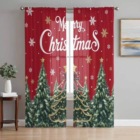 Red Christmas Sheer Curtains 96 Inch Length 2 Panels Set Window Treatments, Snowflake Xmas Christmas Tree Rod Pocket Semi Curtains for Living Room/Bedroom/Kitchen Décor, 104"W x 96"L