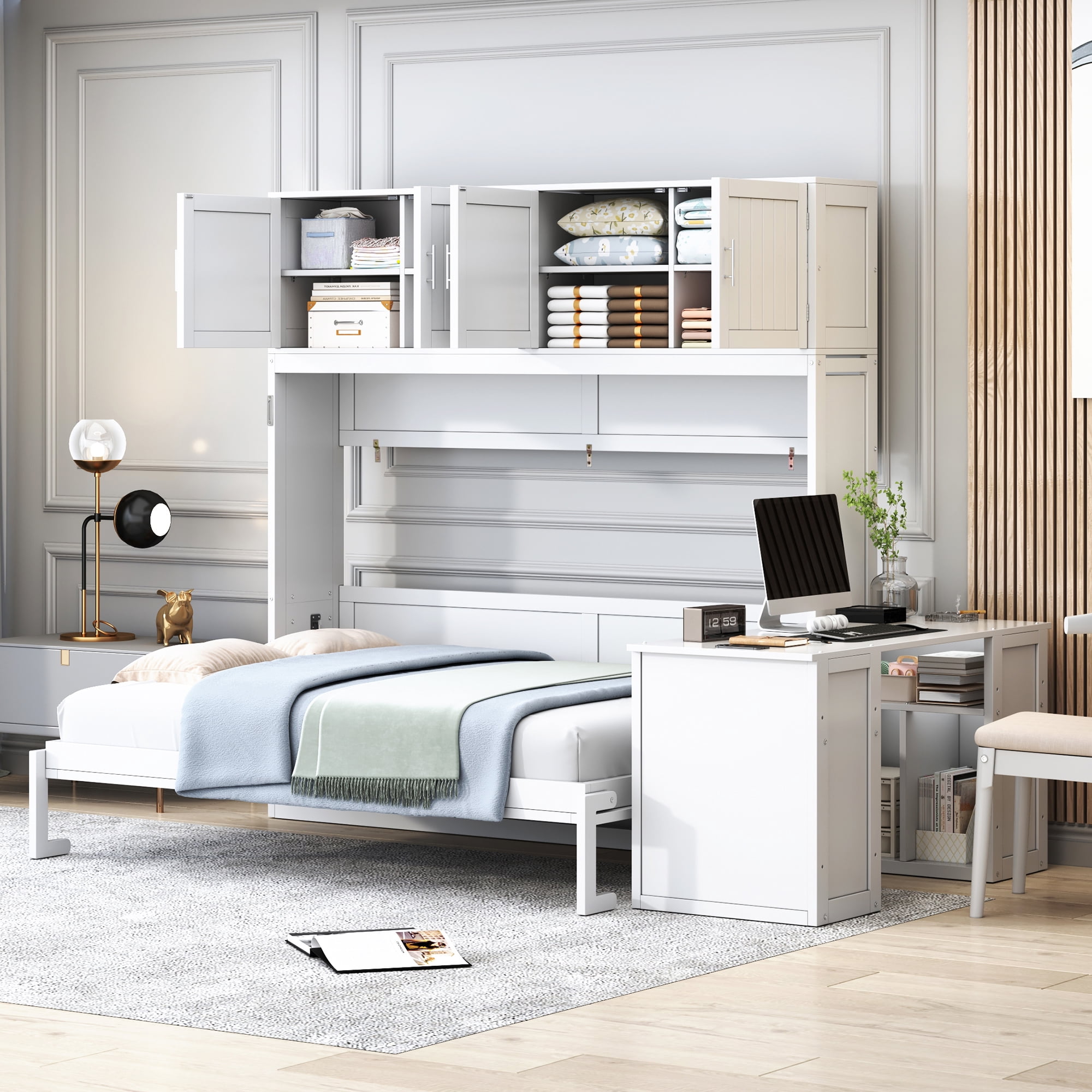 Mintazer Queen Size Murphy Wall Bed with Top Storage Cabinets & Movable Office Desk, Foldable Cabinet Bed for Guest Room Home Office, White