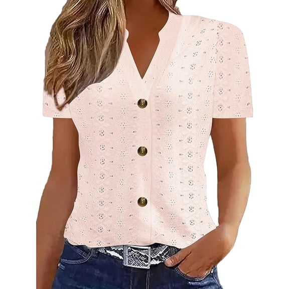 Aricy Womens Summer Tops Short Sleeve Shirts Button V Neck T Shirts Hollow Out Eyelet Tunic Blouses Dressy Casual Blouses Trendy Loose Fit Tees Shirt Going Out Tops