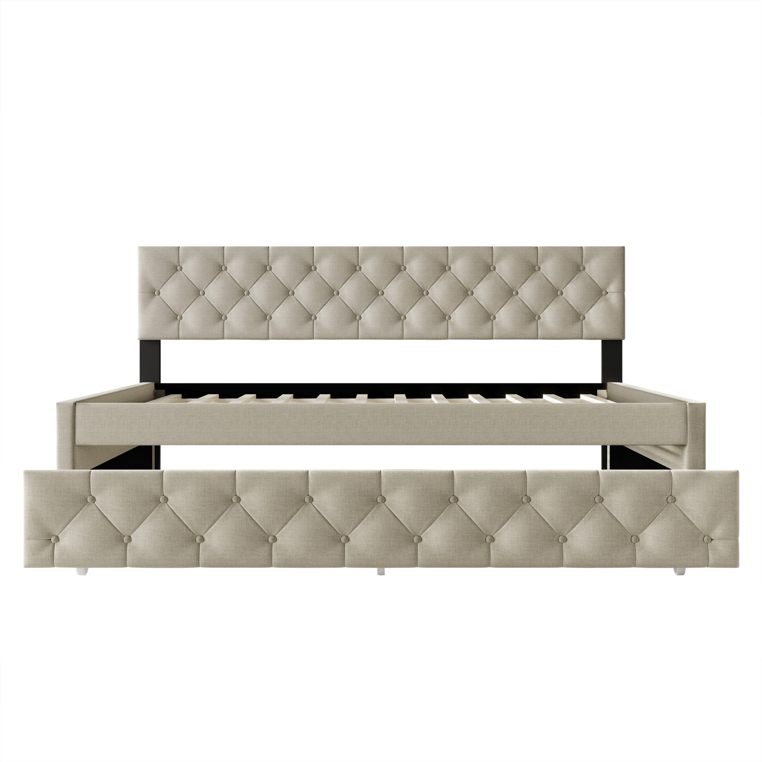 Home Design Tyler Twin Daybed with Trundle, Linen Upholstery, Button-Tufted Design, Foam Padding, Pull-Out Trundle, Stylish Seating and Sleeping Solution, Warm Gray