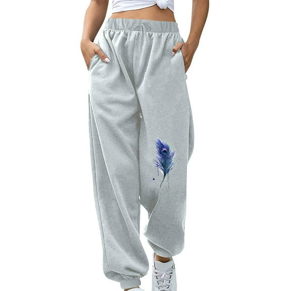 WREESH Womens Sweatpants Fashion Fall Winter Fitness Sport Relaxed Loose Printing Elastic Waist Long Sweatpants Gray