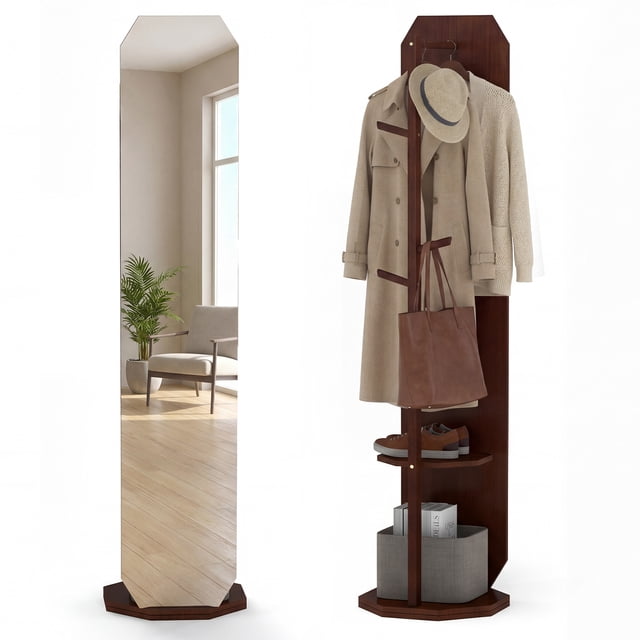 Costway Full Length Mirror Coat Rack Solid Wood Standing Mirror w/Clothes Hanger