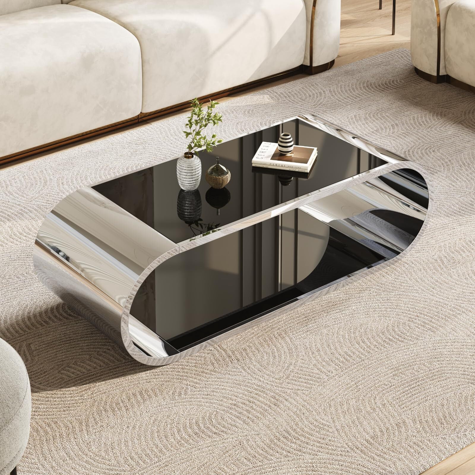 Shikeyi 57" Modern Oval Coffee Table with Silver Stainless Steel Base, 2-Tier Black Tempered Glass Top, Luxury Curved Center Table for Living Room, Home Office, Apartment, Unique Glam Decor