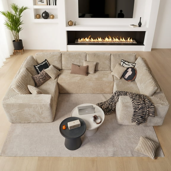 Ovios 135'' x 68'' U-Shaped Oversized Sectional Sofa Modern Modular Cloud Couch with Deep Seat Plush Corduroy Upholstered Large Comfy Sofa for Living Room, No Assembly, Beige