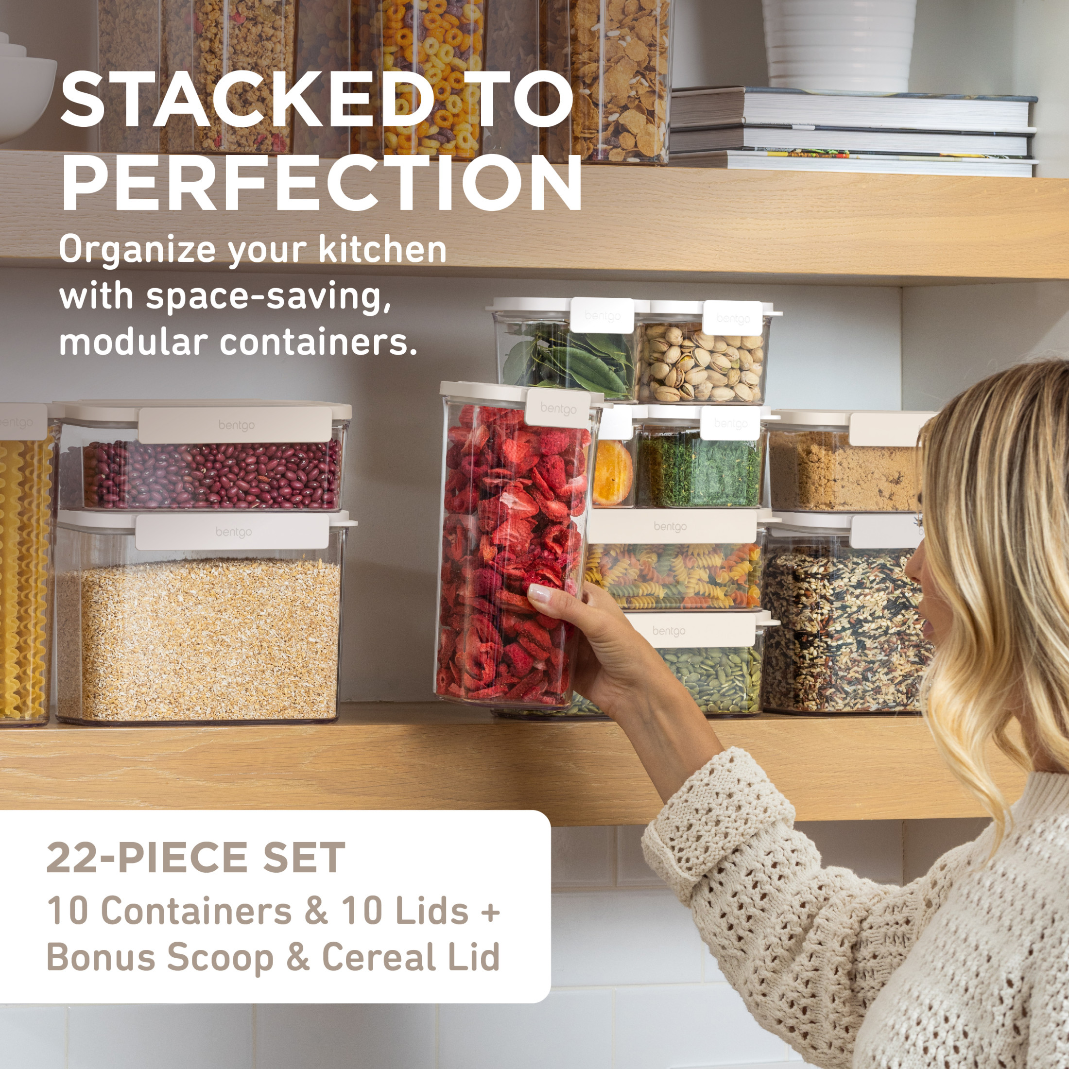 Bentgo Pantry - 22-Piece Airtight Food Storage Containers, Clear and Stackable Kitchen and Pantry Organization Set, Locking Lids for Freshness, Cereal Lid & Scoop, BPA-Free Plastic (White Stone)