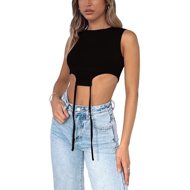 VISgogo - Camisetas sin mangas para mujer, decoración de cuerda de color sólido, cuello redondo, dobladillo irregular, camisetas cortas, chaleco simple informal VISgogo moda