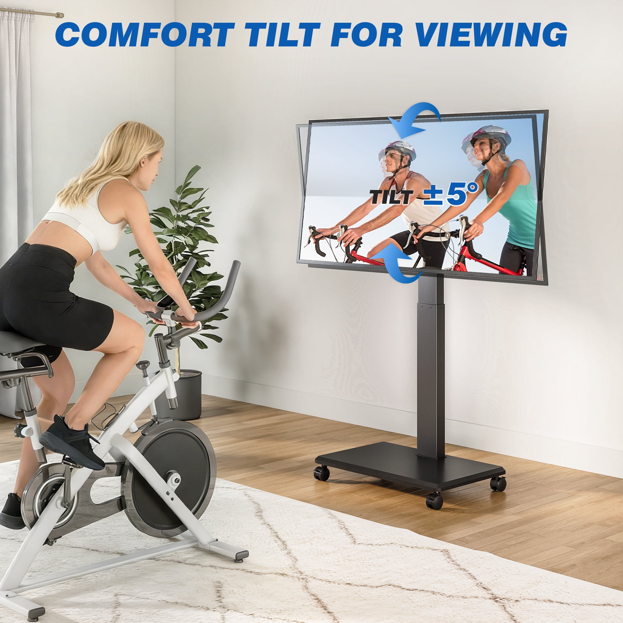 RTVR Mobile TV Cart Stand with Hand Crank Lift for 42-75 inch Screens, ±90° Rotation and ±5° Tilt Height Adjustable Swivel TV Stand with Wheels, Black
