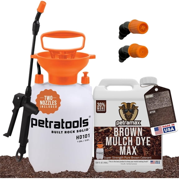 PetraTools Brown Mulch Dye with Sprayer Landscaping Bundle - 1 Gallon Brown Mulch Paint - Superior Coverage, Long-Lasting Color - Mulch Spray or Pine Straw, Yard Dye with HD101 Pump Garden Sprayer