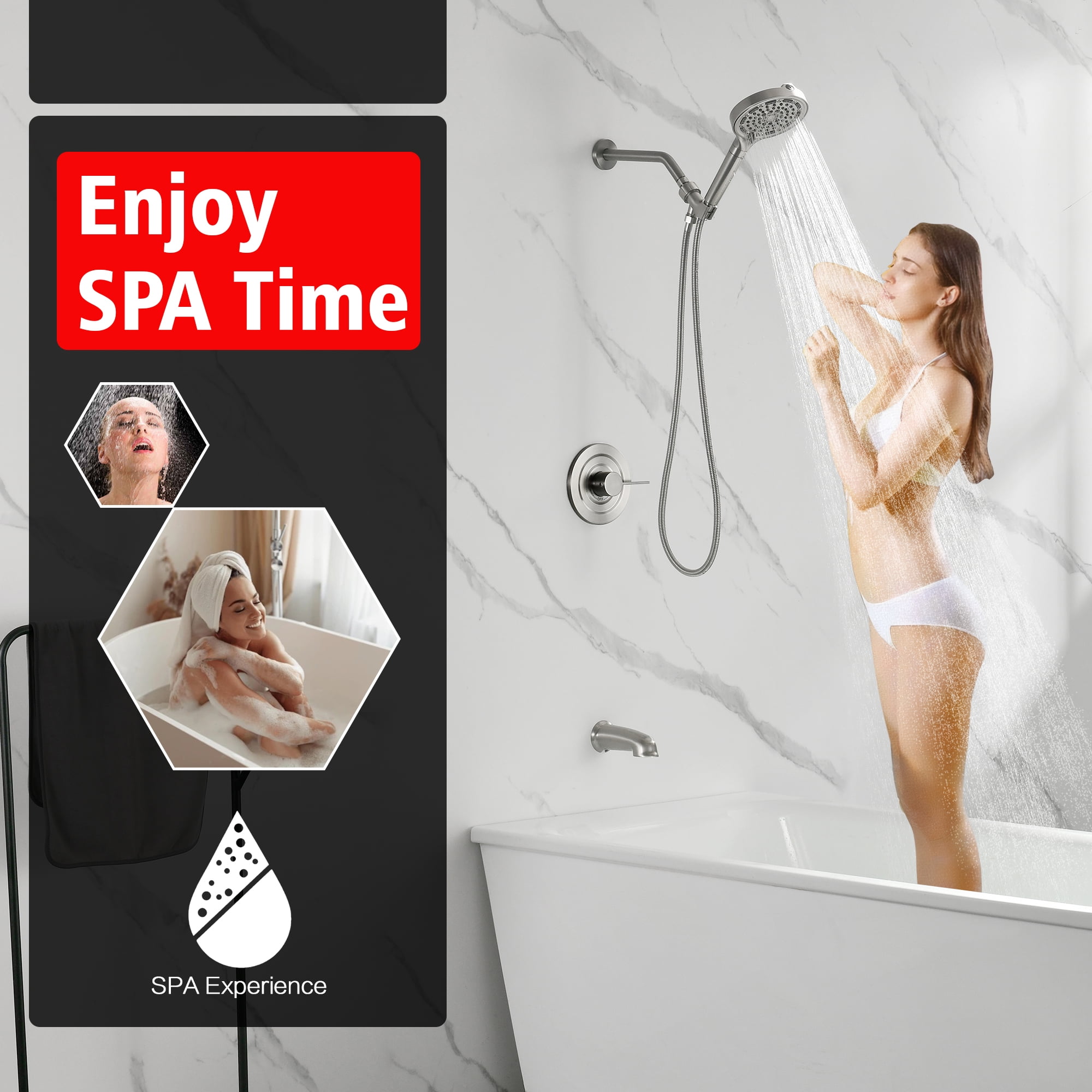 SUMERAIN Brushed Nickel Shower System with Tub Spout, High Flow Shower Bathtub Faucet Set with 6-Spray Filtered Shower Head