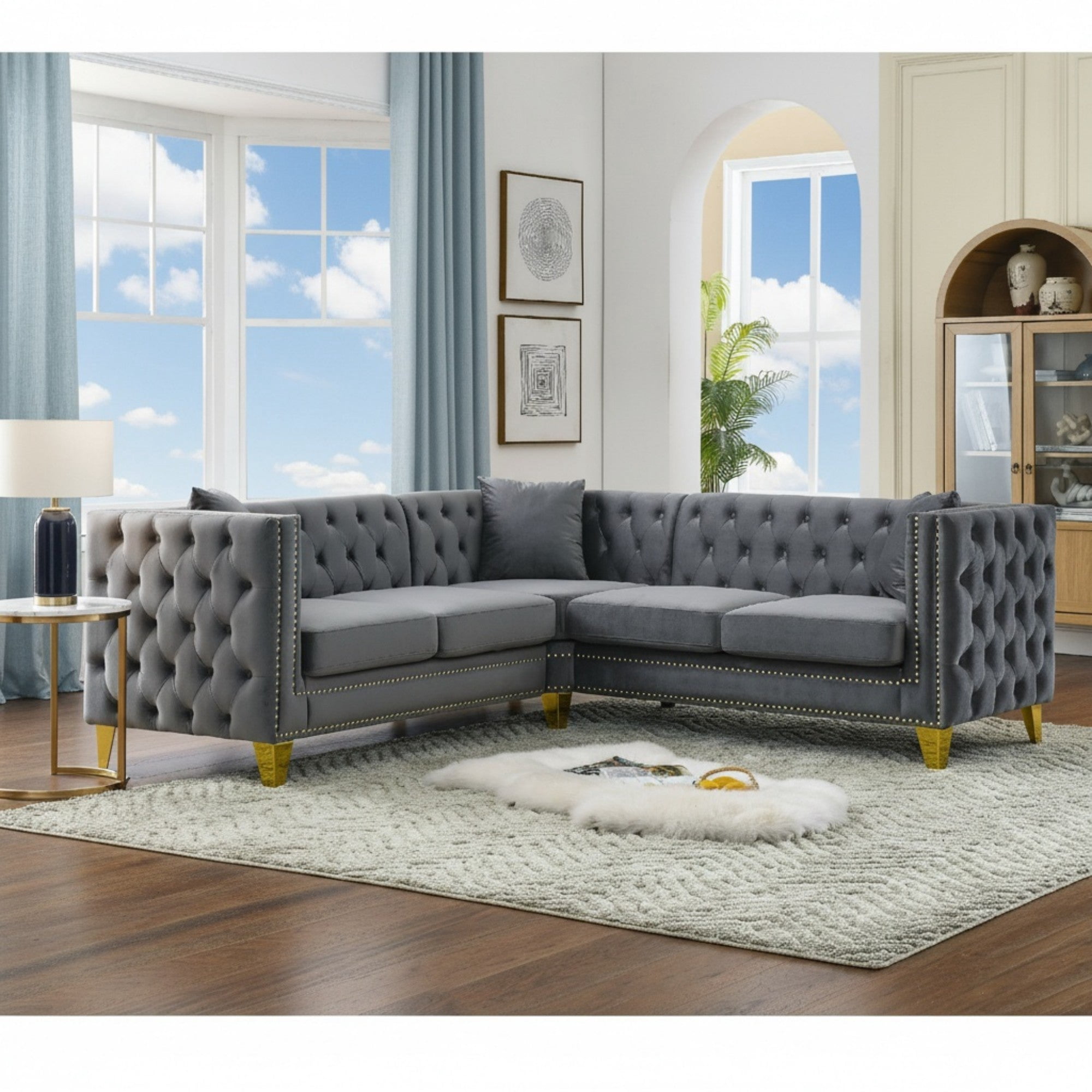 Sailvan 82.2" Velvet L-Shaped Sectional Sofa, Classic Chesterfield Corner Couch with Nailhead Trim and Button Tufting for Living Room, Beige Gray