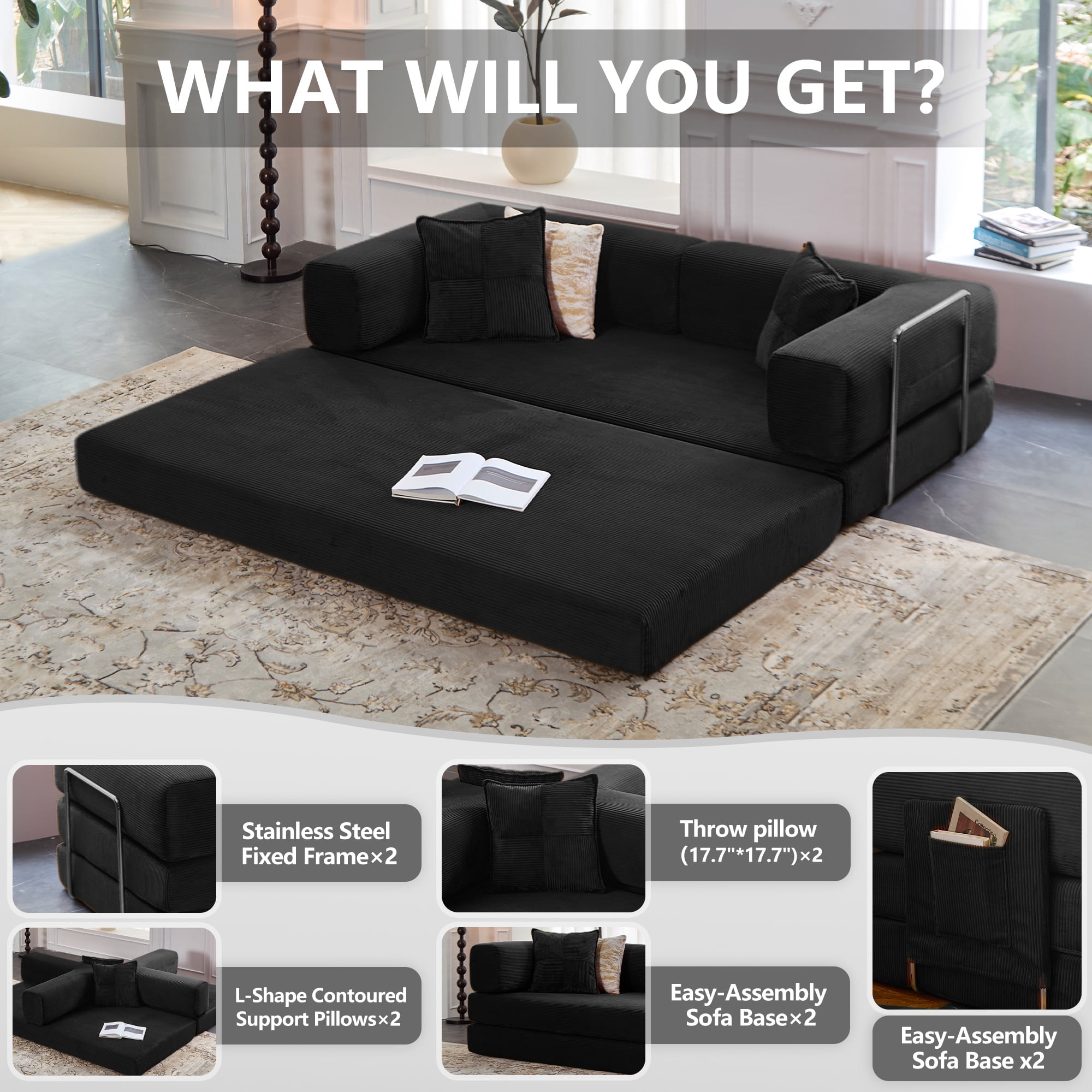 Cubente 5-in-1 Convertible Sofa Bed, 78.8" Floor Sofa Boneless Couch Folding Sleeper Sofa Compression Sofa for Living Rooms, Apartment